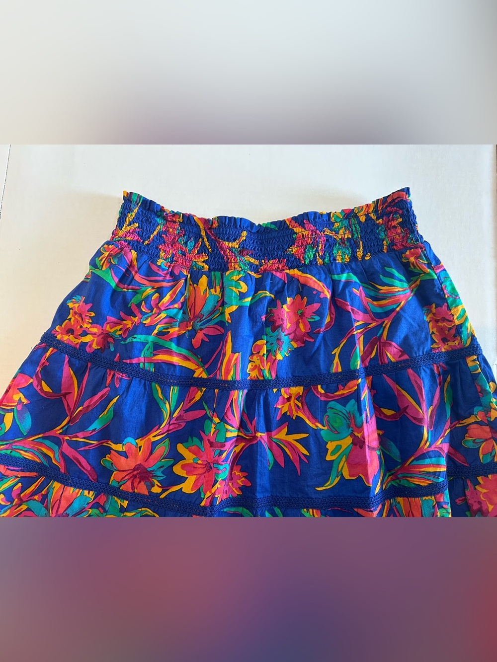 JCREW Tropical Floral Blue Skirt Tiered Lined Cotton Vacation Resort Size Medium - Picture 5 of 12